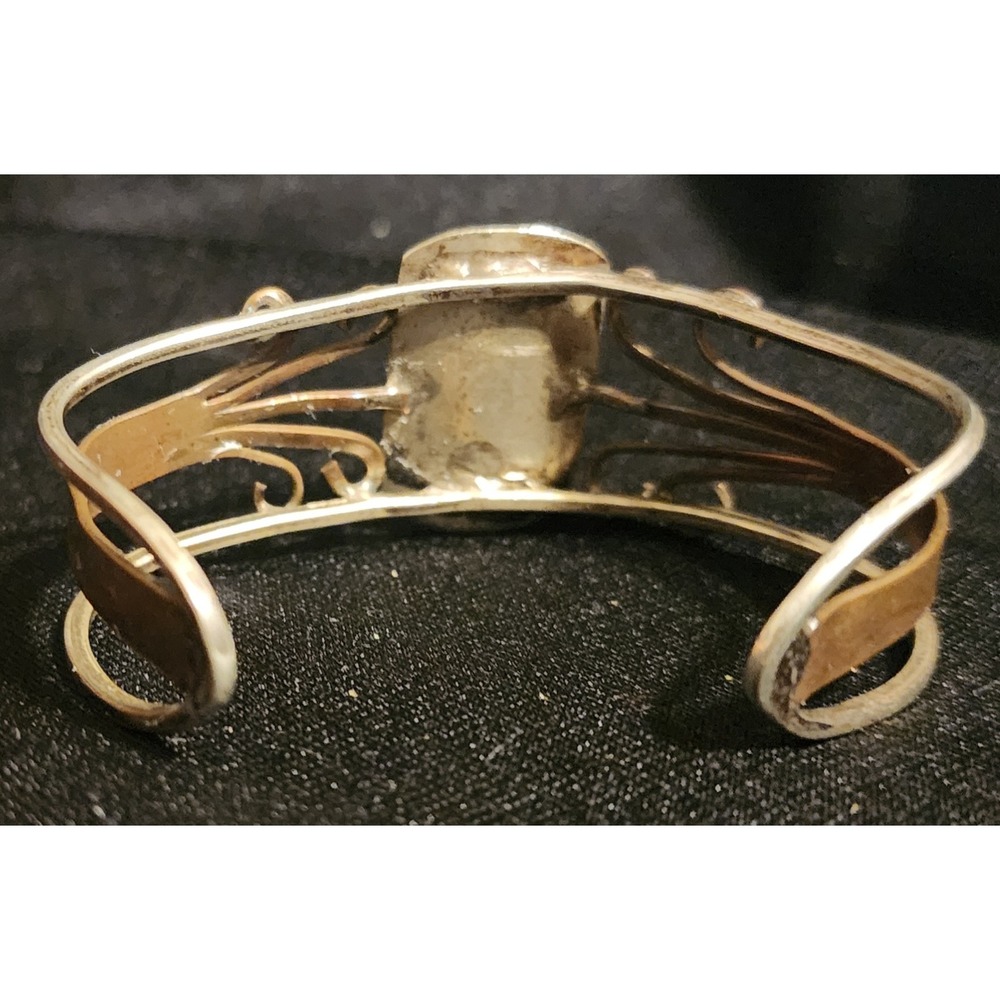 Vintage  Mixed Metal Nephrite Jade Cuff Bracelet Copper Silver Filigree - Picture 8 of 8